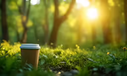 a coffee cup sits in the grass with the sun shining down on the trees