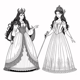 two girls in dresses with a stick,an illustration of two female princesses from disney