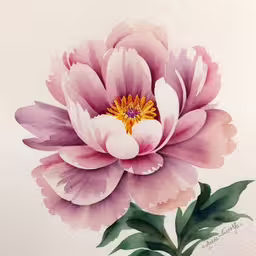 a picture of a flower with leaves on the bottom,a painting of a large pink flower on a white paper