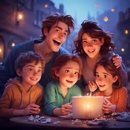 a family sitting together around a lit candle