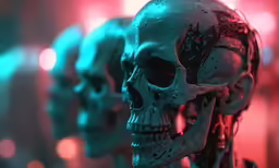 some bright colored lighting behind two scary looking human skulls