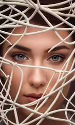 the woman has blue eyes and is behind a white fence