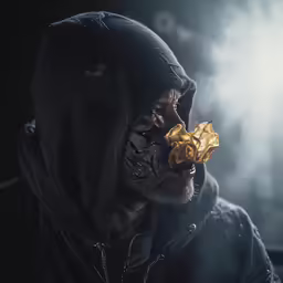 a man covered in black makeup holding something yellow