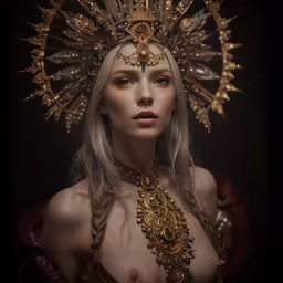 a woman in an elaborate gold necklace and headpiece