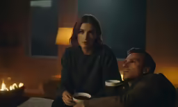 two people sitting together with some cups in their hands