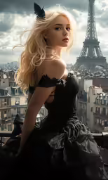 a woman in a black dress is on top of a building