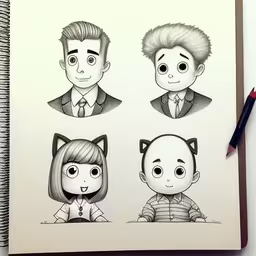 some sketches in a notebook with some people and animals on them,a book open to a page with drawings of three people