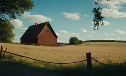 a red barn and a country side fence