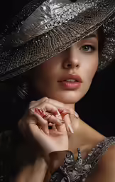 a woman wearing a large silver hat with pearls