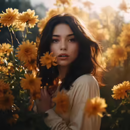 young woman in yellow dress standing with yellow flowers