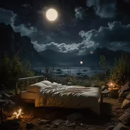 a small bed sitting in the middle of a dirt field