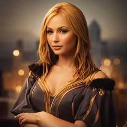a young woman in the city wearing a dress