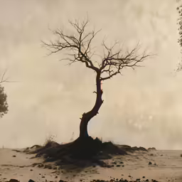 a lonely tree that is standing alone in the dirt