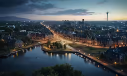 a view of the city from above a lake