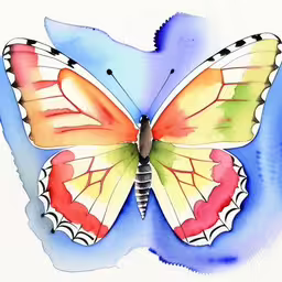 watercolor painting of an orange butterfly on a blue background