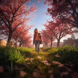 a girl walking in the grass with flowers in her hand