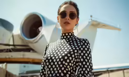 a woman in sunglasses standing near an aircraft