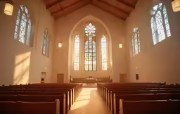 an empty church with stained glass windows and pews