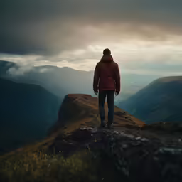 a man in a red jacket stands on a rock