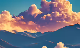 a mountain range is shown with large fluffy clouds