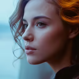 a close up of a person with brown hair and blue eyes