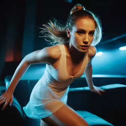 woman with white dress in motion and dark background