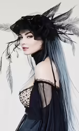 a woman in black dress with feather feathers