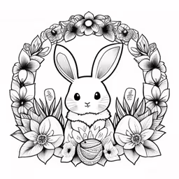 a rabbit and flowers in the center of a wreath,the easter bunny with a wreath of flowers,a rabbit and flowers around a wreath,a bunny holding an egg in front of flowers,an image of rabbit holding an easter egg with flowers around it