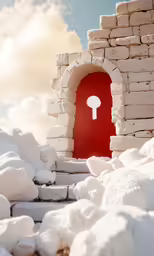 snow piles, with a large red door and an arch in the middle