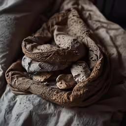a large pile of rocks piled together on top of a bed