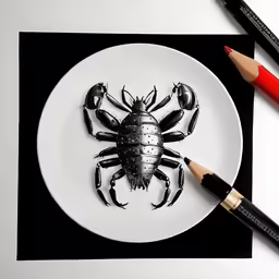 a scorpion sculpture is sitting on a white plate