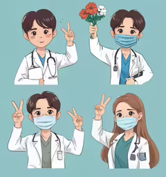various facial expressions featuring doctors with masks,