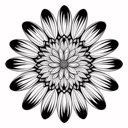 an ornate black and white flower on a white background,abstract black and white graphic design of a sunflower