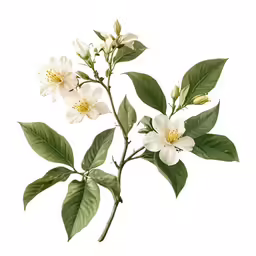 two flowers on a branch are seen with green leaves