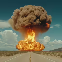 a fireball rising from the top of a road