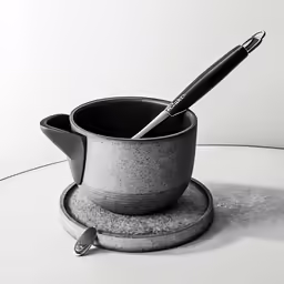 a gray teacup on a white table with a silver pen