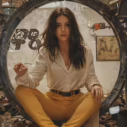 woman in white shirt and yellow pants sitting in front of large circular object