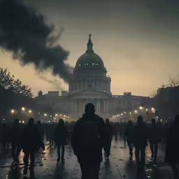 people are walking in the rain next to some buildings