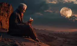 a man sitting on a mountain holding a drink and looking at his cellphone