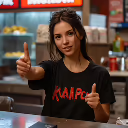 woman making the thumbs up gesture at table
