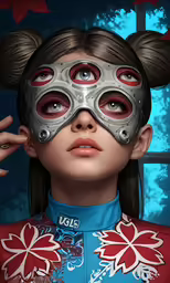 an oil painting of a woman with some creepy looking objects on her face