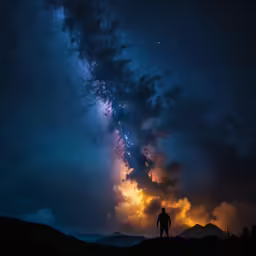 the silhouette of a man standing in the desert under the stars