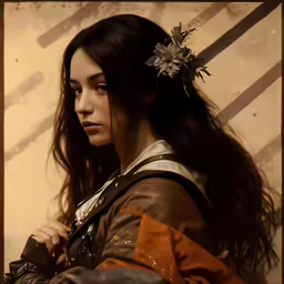 a woman wearing a brown jacket and leather jacket, holding a flower in her hair