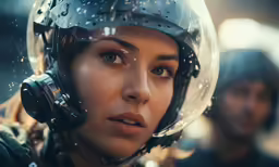 a woman in a helmet looking off to the side
