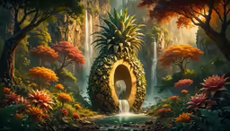 a jungle with a waterfall, tree and stream