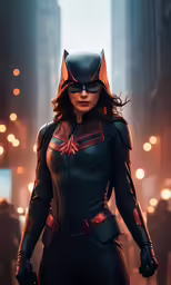 a woman dressed as catwoman standing in the middle of a city