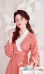 a woman wearing a pink robe standing by a cake