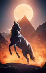 a horse running through a field with the moon in the background
