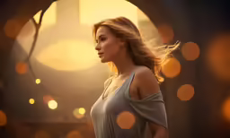a woman that is standing near some lights