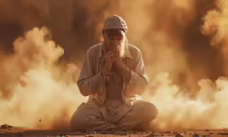 an old man is sitting in front of a smoke stack